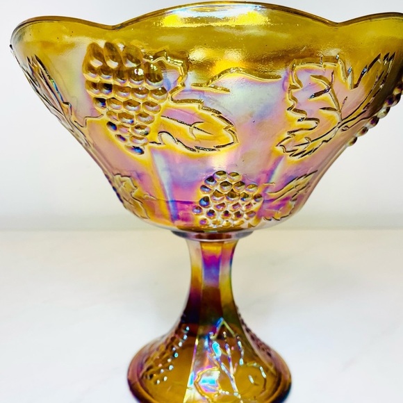 CARNIVAL GLASS Iridescent Marigold | Harvest Grape Pattern Pedestal Bowl - Picture 7 of 10